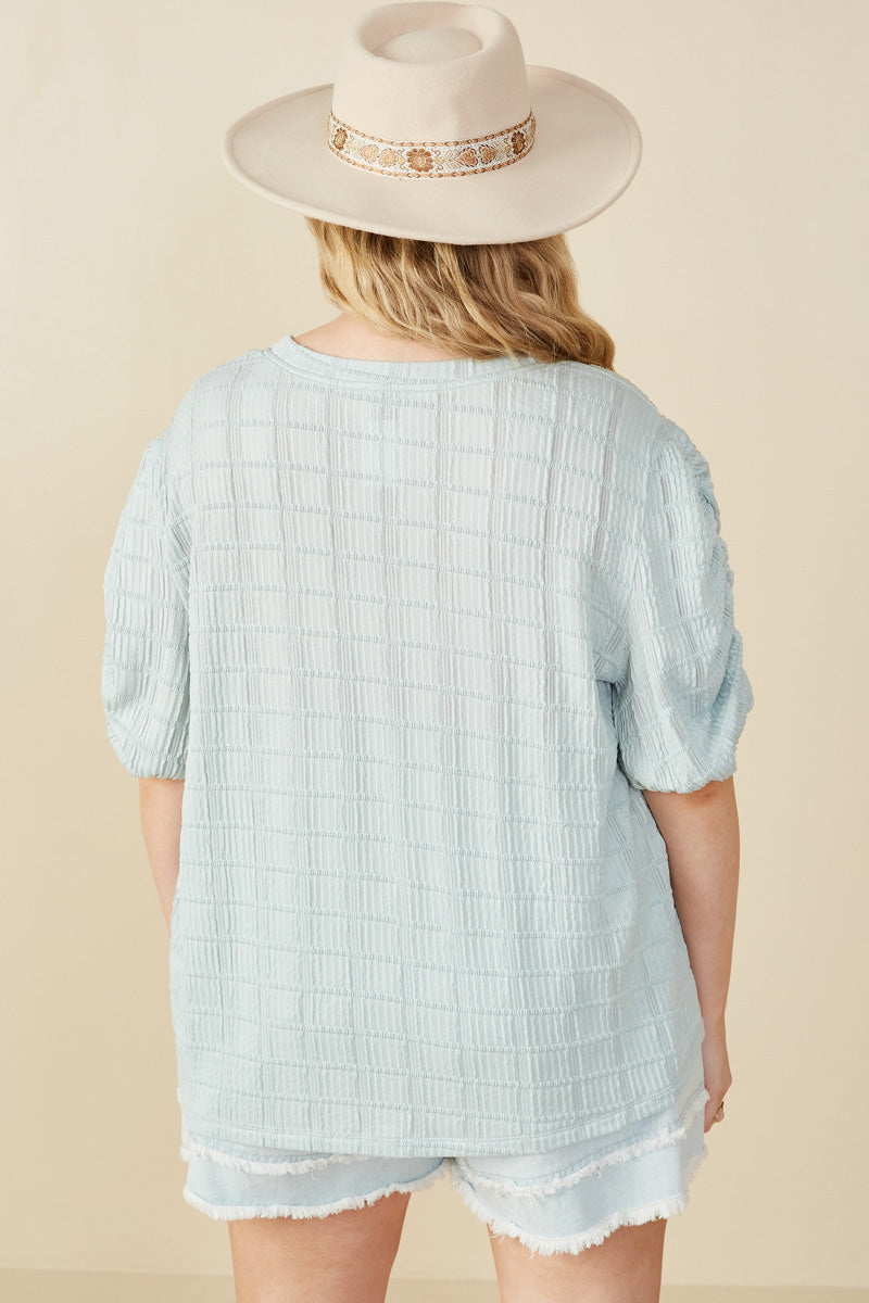 HY8247W Mint Plus Textured Gathered Sleeve Stretch Knit Top Back