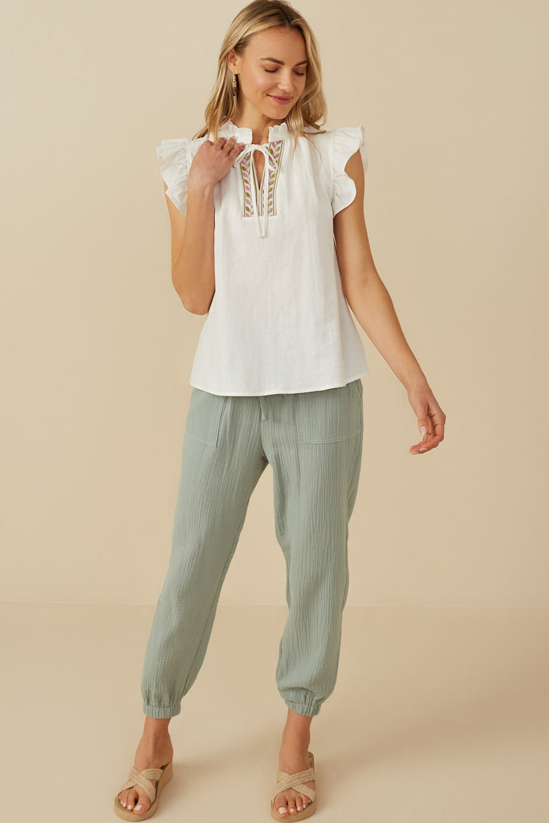 Womens Embroidered Tape Detail Ruffled Tank