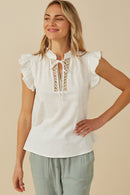 Womens Embroidered Tape Detail Ruffled Tank Pose