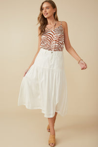 HY8281 Off White Womens Mix Media Denim Midi Skirt Full Body