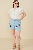 HY8313W Light Denim Womens Distressed Star Patch Frayed Denim Shorts Full Body