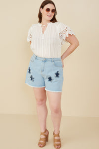 HY8313W Light Denim Womens Distressed Star Patch Frayed Denim Shorts Full Body