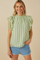 HY8318 Sage Womens Ruffle Shoulder Puffed Checker Textured Top Front