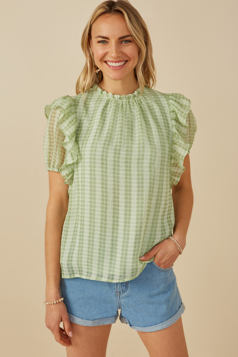 Womens Ruffle Shoulder Puffed Checker Textured Top