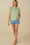 HY8318 Sage Womens Ruffle Shoulder Puffed Checker Textured Top Pose