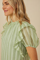 HY8318 Sage Womens Ruffle Shoulder Puffed Checker Textured Top Side