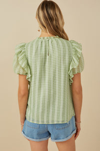 HY8318 Sage Womens Ruffle Shoulder Puffed Checker Textured Top Front 2