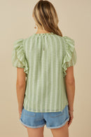 HY8318 Sage Womens Ruffle Shoulder Puffed Checker Textured Top Front 2