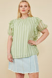 HY8318W Sage Womens Ruffle Shoulder Puffed Checker Textured Top Front