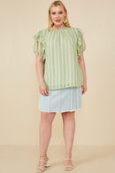 HY8318W Sage Womens Ruffle Shoulder Puffed Checker Textured Top Pose