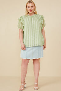 HY8318W Sage Womens Ruffle Shoulder Puffed Checker Textured Top Pose