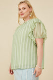 HY8318W Sage Womens Ruffle Shoulder Puffed Checker Textured Top Side