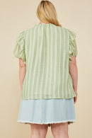 HY8318W Sage Womens Ruffle Shoulder Puffed Checker Textured Top Back