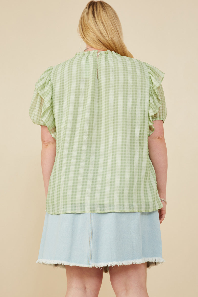 HY8318W Sage Womens Ruffle Shoulder Puffed Checker Textured Top Back