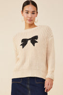 HY8339 Ivory Womens Low Gauge Sweater with Sequin Bow Patch Front