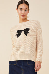 HY8339 Ivory Womens Low Gauge Sweater with Sequin Bow Patch Front