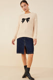 HY8339 Ivory Womens Low Gauge Sweater with Sequin Bow Patch Pose