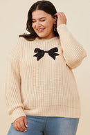 HY8339W Ivory Plus Low Gauge Sweater with Sequin Bow Patch Front