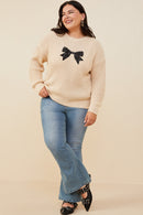 HY8339W Ivory Plus Low Gauge Sweater with Sequin Bow Patch Pose
