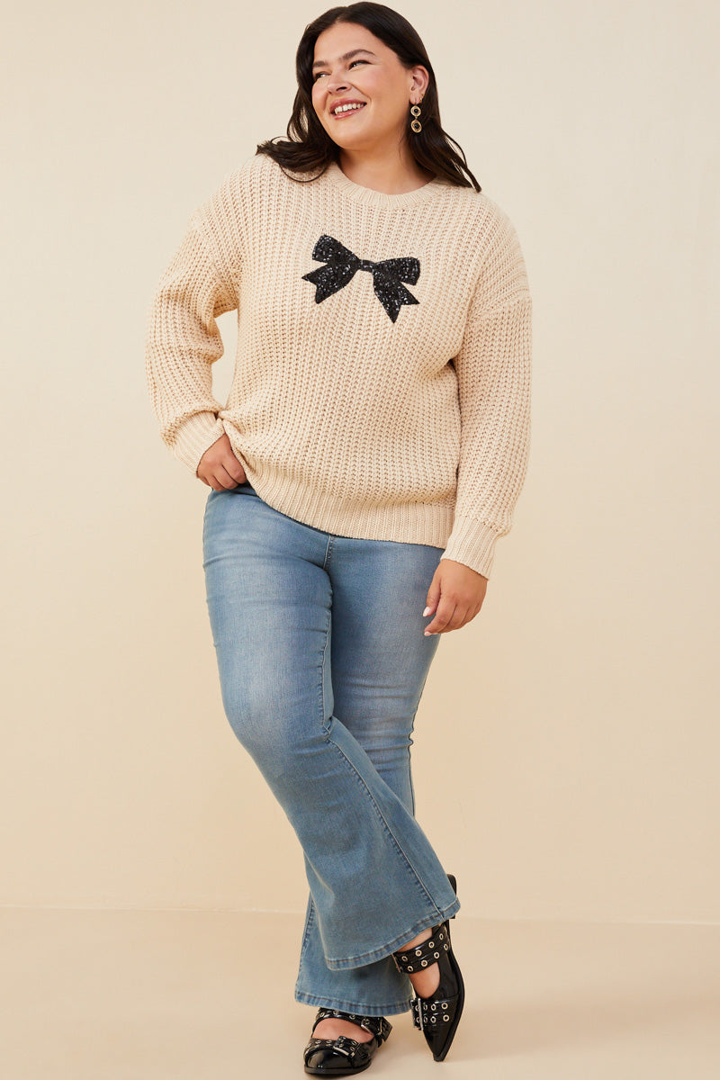 HY8339W Ivory Plus Low Gauge Sweater with Sequin Bow Patch Pose