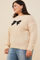HY8339W Ivory Plus Low Gauge Sweater with Sequin Bow Patch Side