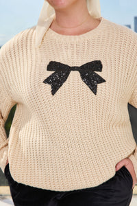 HY8339W Ivory Plus Low Gauge Sweater with Sequin Bow Patch Editorial