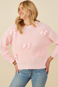 HY8340 Pink Womens Low Gauge Bow Detail Pullover Sweater Front