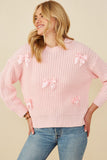 HY8340 Pink Womens Low Gauge Bow Detail Pullover Sweater Front