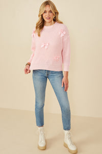 HY8340 Pink Womens Low Gauge Bow Detail Pullover Sweater Pose