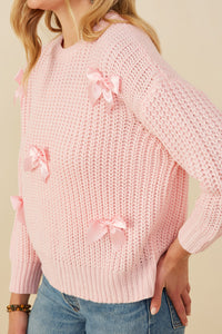 HY8340 Pink Womens Low Gauge Bow Detail Pullover Sweater Detail