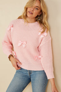 HY8340 Pink Womens Low Gauge Bow Detail Pullover Sweater Back Front 2