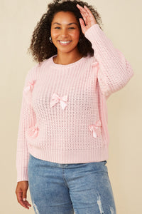HY8340W Pink Plus Low Gauge Bow Detail Pullover Sweater Front
