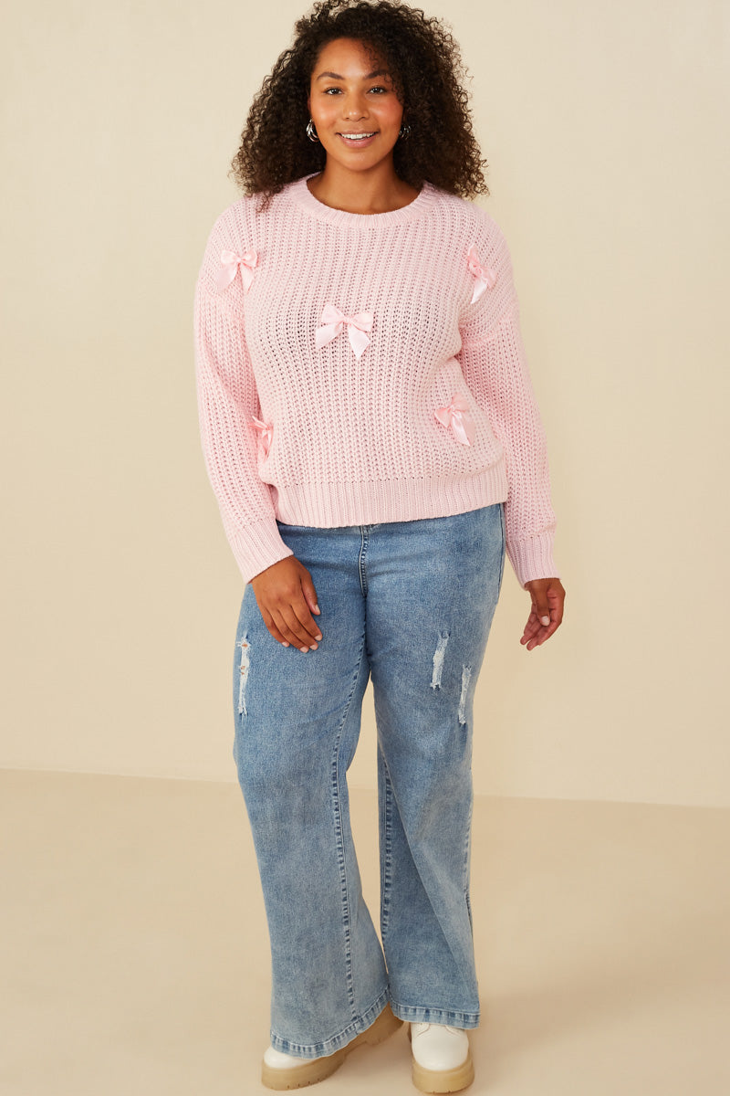 HY8340W Pink Plus Low Gauge Bow Detail Pullover Sweater Pose