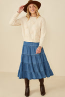 HY8345 Ivory Womens Hand Knit Floral Patch Sweater Pose