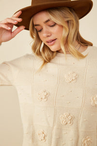 HY8345 Ivory Womens Hand Knit Floral Patch Sweater Front