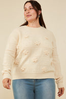 HY8345W Ivory Plus Hand Knit Floral Patch Sweater Front