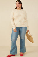 HY8345W Ivory Plus Hand Knit Floral Patch Sweater Pose