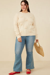 HY8345W Ivory Plus Hand Knit Floral Patch Sweater Pose