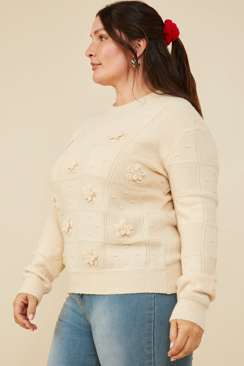 HY8345W Ivory Plus Hand Knit Floral Patch Sweater Side