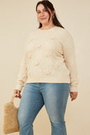 HY8345W Ivory Plus Hand Knit Floral Patch Sweater Front 2