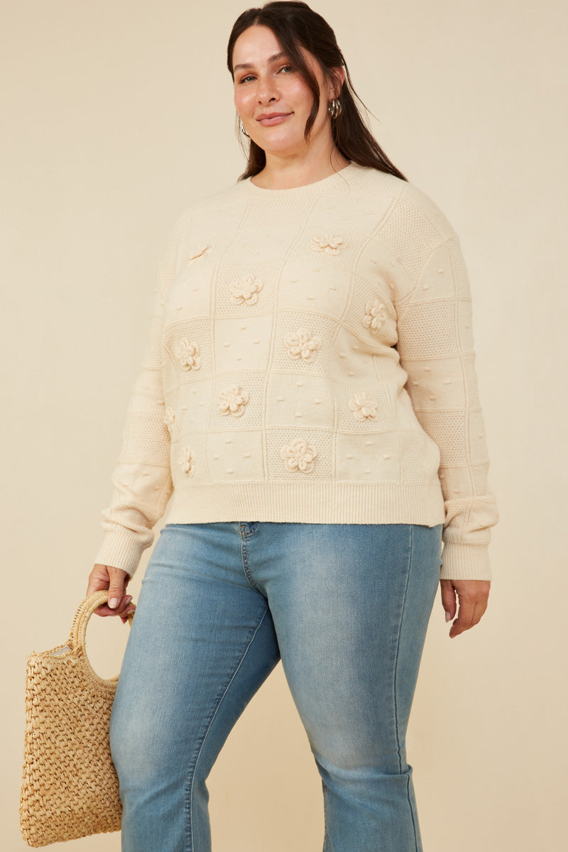 HY8345W Ivory Plus Hand Knit Floral Patch Sweater Front 2