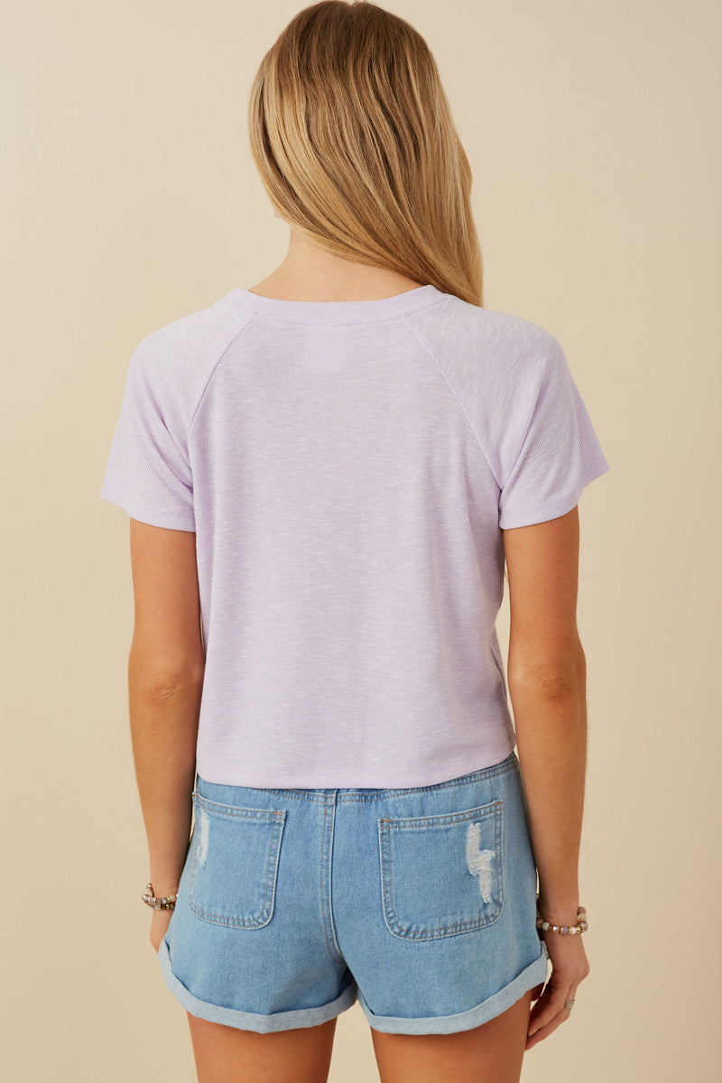 HY8434 Lavender Womens Pearl Ribbon Patch Knit T Shirt