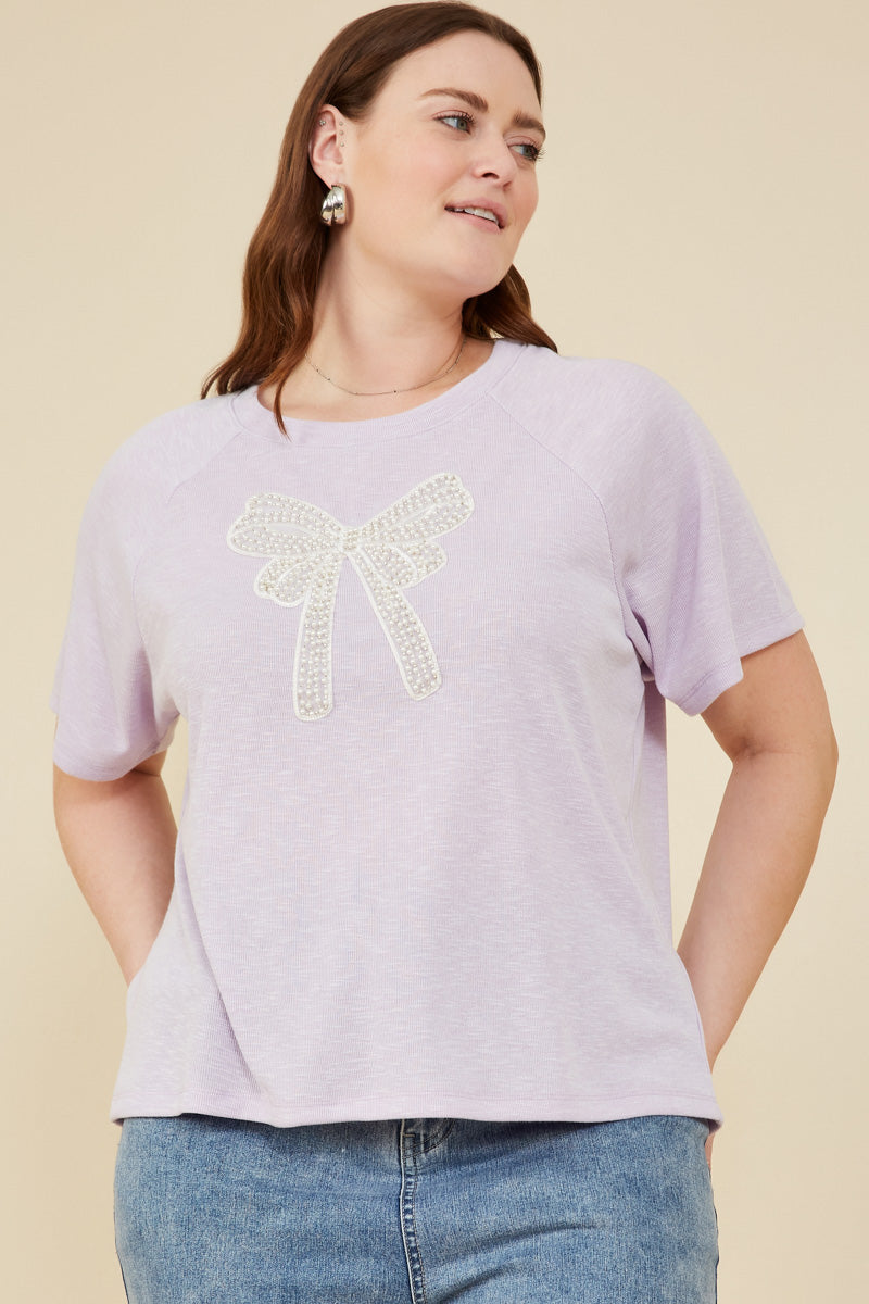 HY8434W Lavender Womens Pearl Ribbon Patch Knit T Shirt