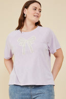 HY8434W Lavender Womens Pearl Ribbon Patch Knit T Shirt