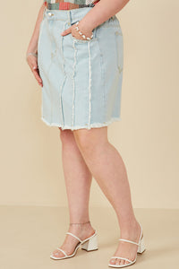 HY8478 Light Denim Womens Frayed Seam Detailed Denim Skirt