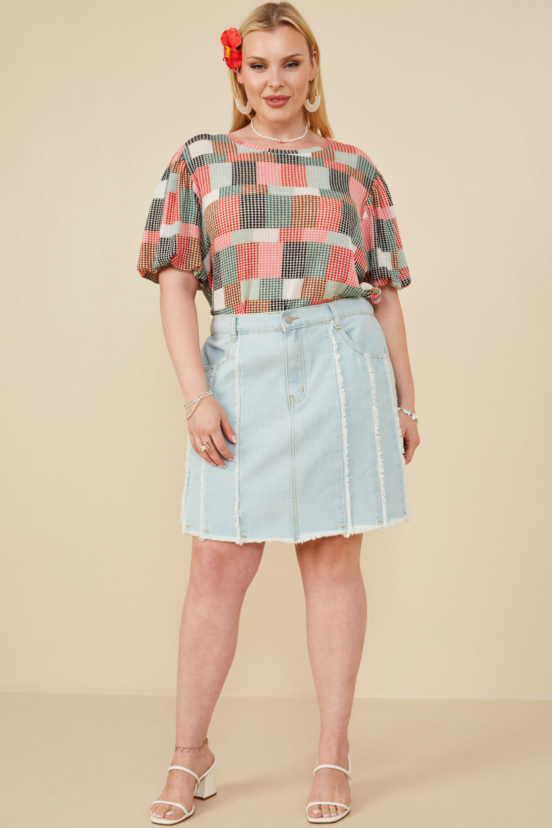 HY8478 Light Denim Womens Frayed Seam Detailed Denim Skirt