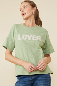 HY8539 Sage Womens Lover Verbiage Patch Raw Edge Detail T Shirt Front