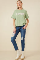 HY8539 Sage Womens Lover Verbiage Patch Raw Edge Detail T Shirt Pose