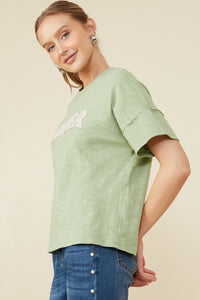 HY8539 Sage Womens Lover Verbiage Patch Raw Edge Detail T Shirt Side