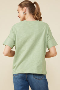HY8539 Sage Womens Lover Verbiage Patch Raw Edge Detail T Shirt Back